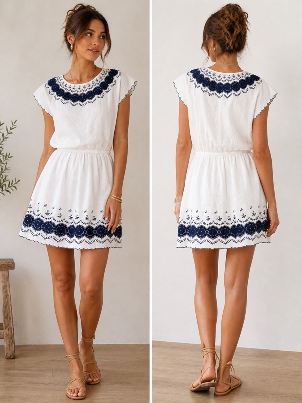 J. Crew White Linen Cotton Summer Dress with Navy Floral Lace Embroidery